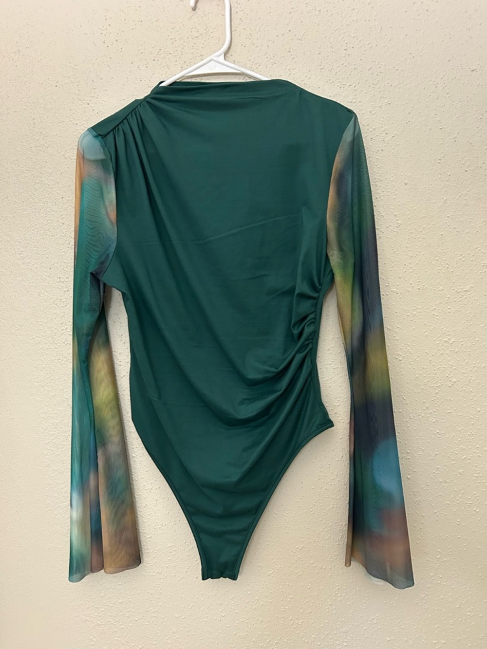 SHEIN Teal Long-Sleeve Bodysuit with Multicolor Sheer Sleeves